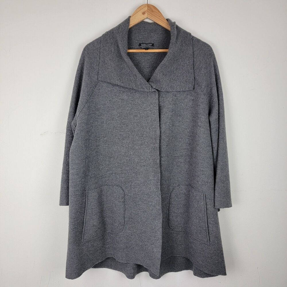 Eileen Fisher Boiled Wool Jacket Gray Size L Snap Pockets Mature Cozy Old Money